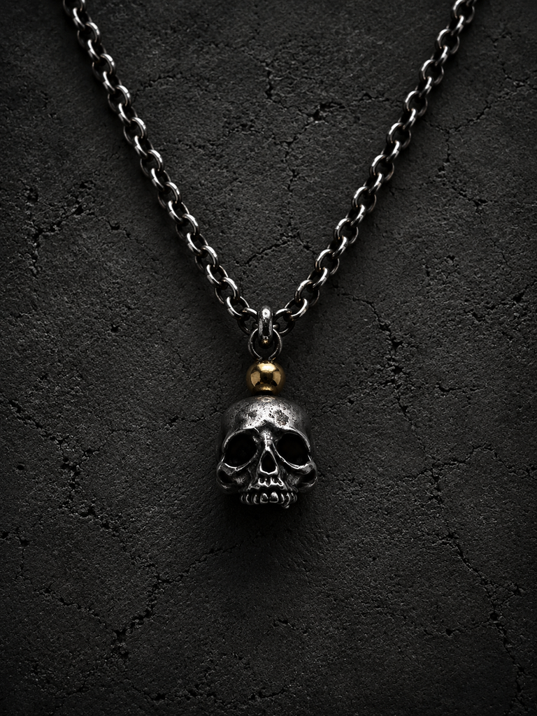 925 Silver Skull Pendant with 18k Rose Gold bead and Silver Chain
