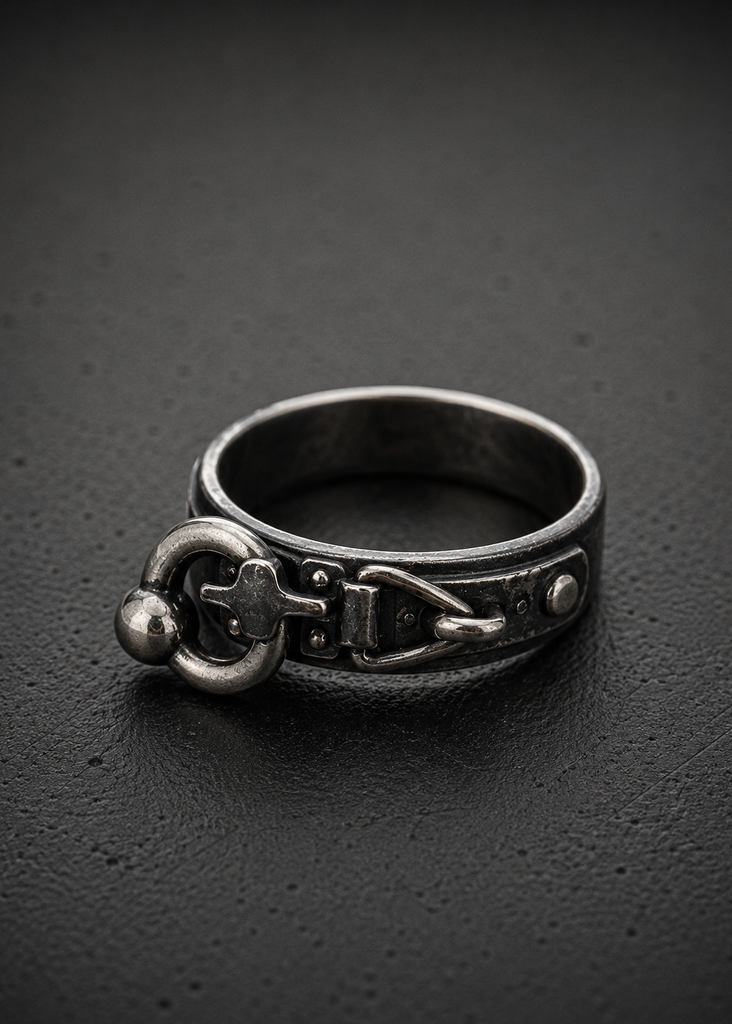 A silver-toned metal ring with a gothic knot and cross motif, resting on a dark textured surface.