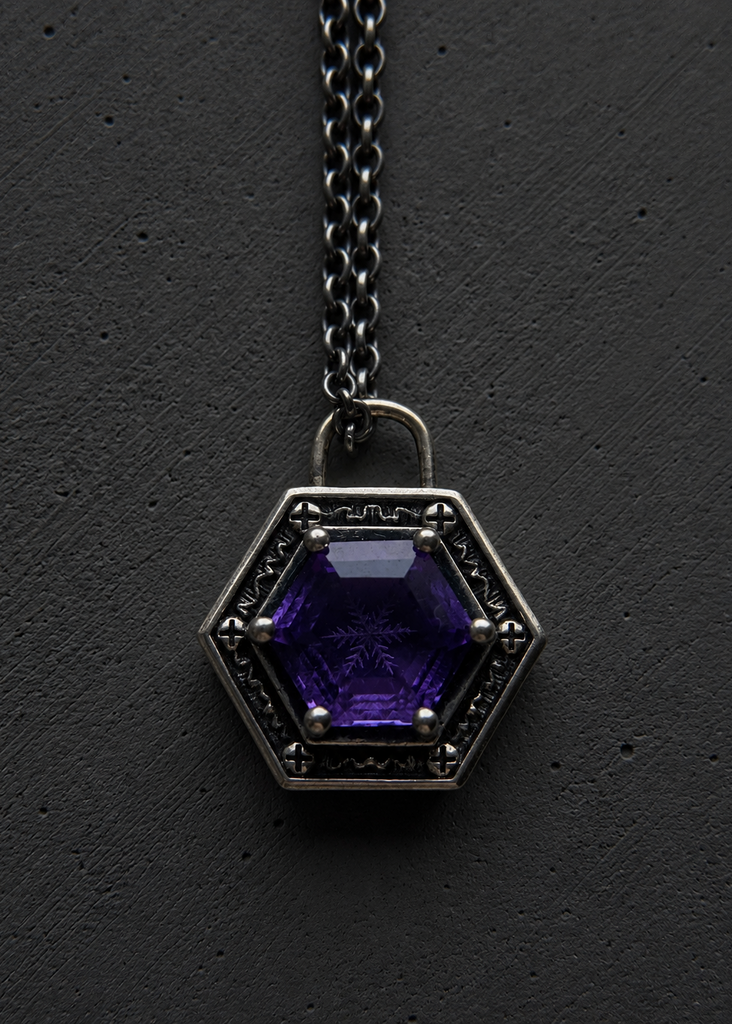 Hexagon amethyst with snow flake engraved pendant
