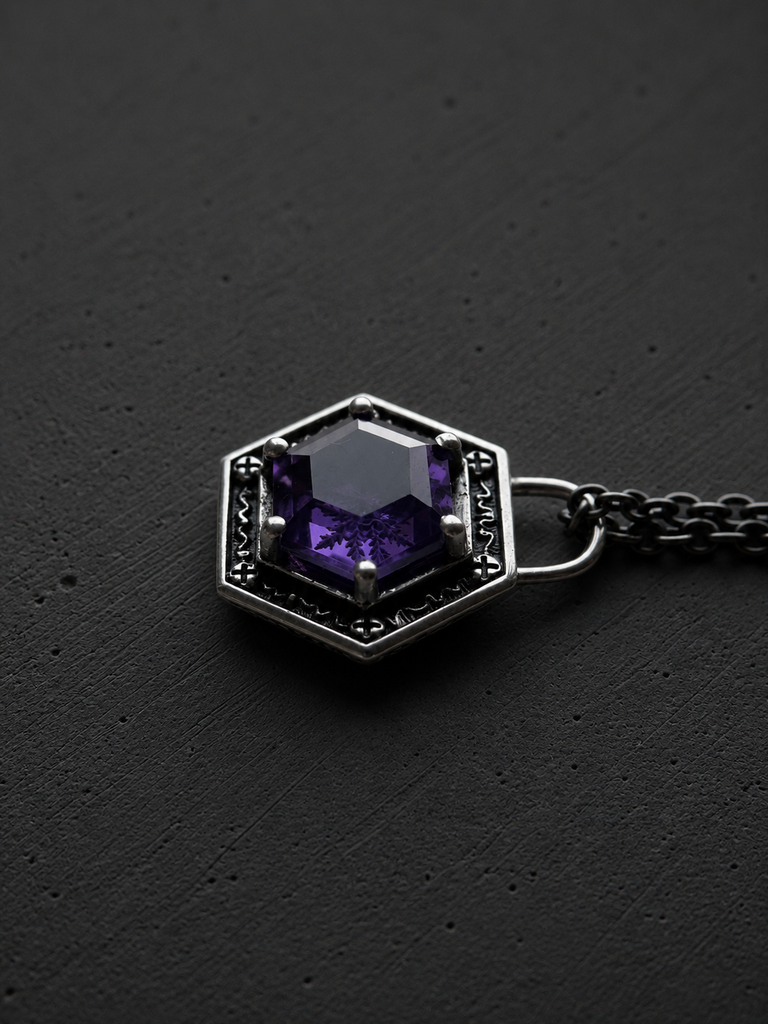Hexagon amethyst with snow flake engraved pendant
