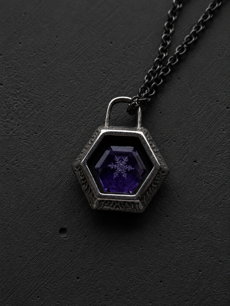 Hexagon amethyst with snow flake engraved pendant