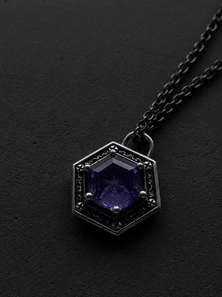 Hexagon amethyst with snow flake engraved pendant