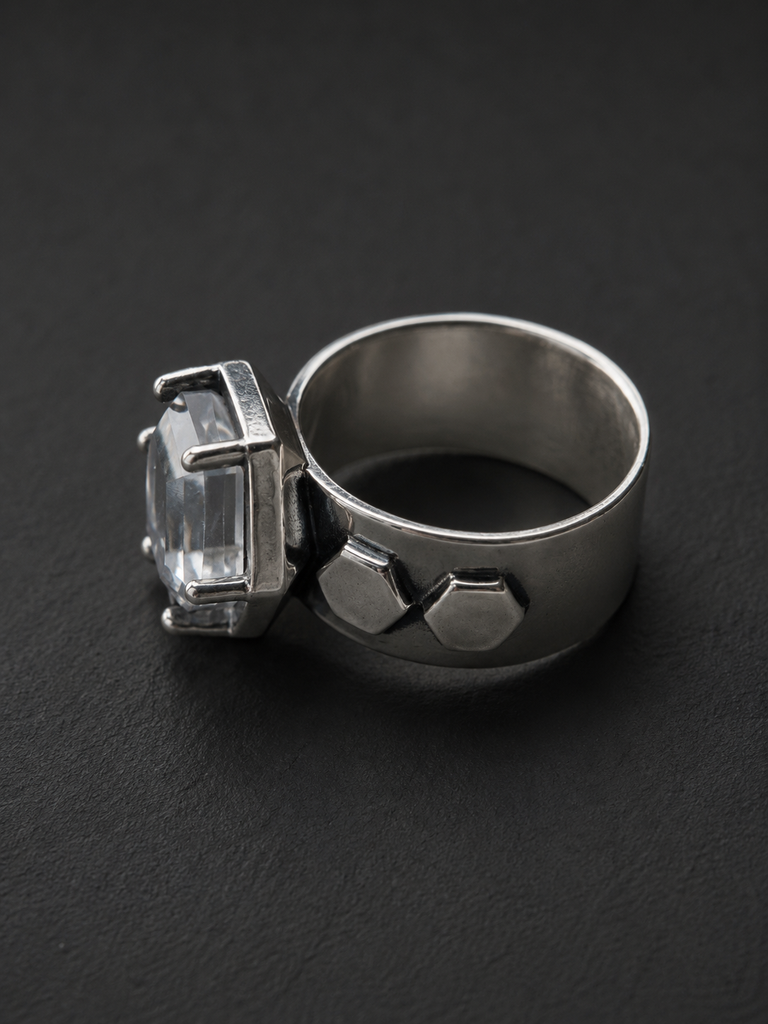 Hexagon Engraved White Crystal Ring