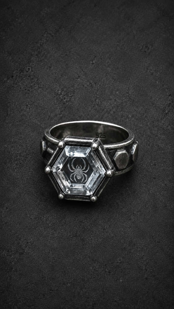 Hexagon Engraved White Crystal Ring