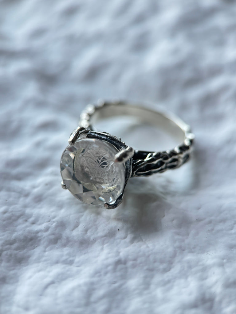Butterfly engraved White Crystal ring 