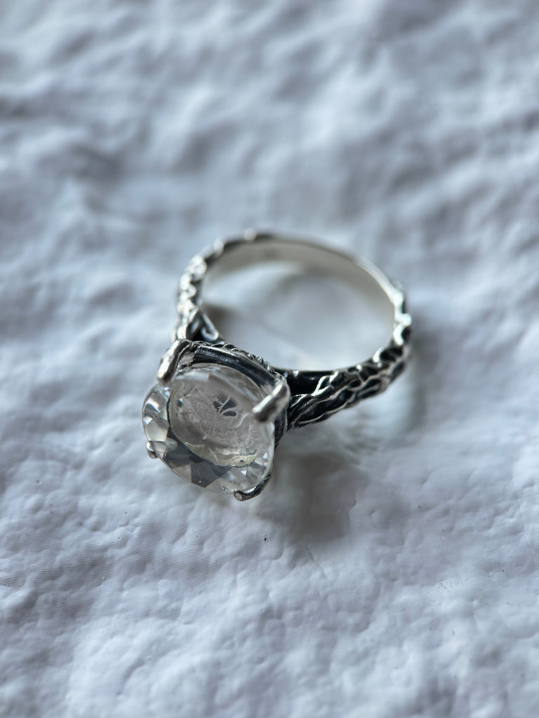 Butterfly engraved White Crystal ring 