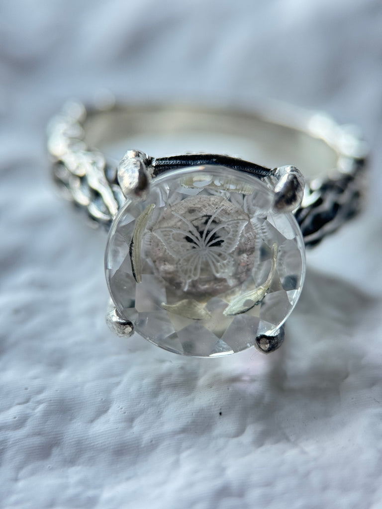Butterfly engraved White Crystal ring 