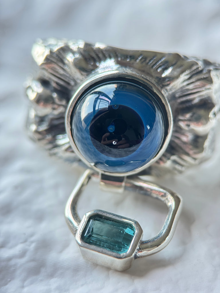 Glass eye silver ring