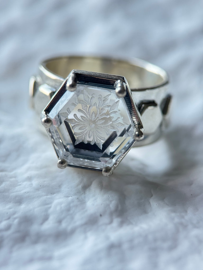 Hexagon Flake Engraved White Crystal Ring