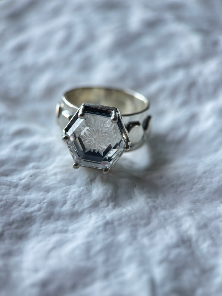 Hexagon Flake Engraved White Crystal Ring