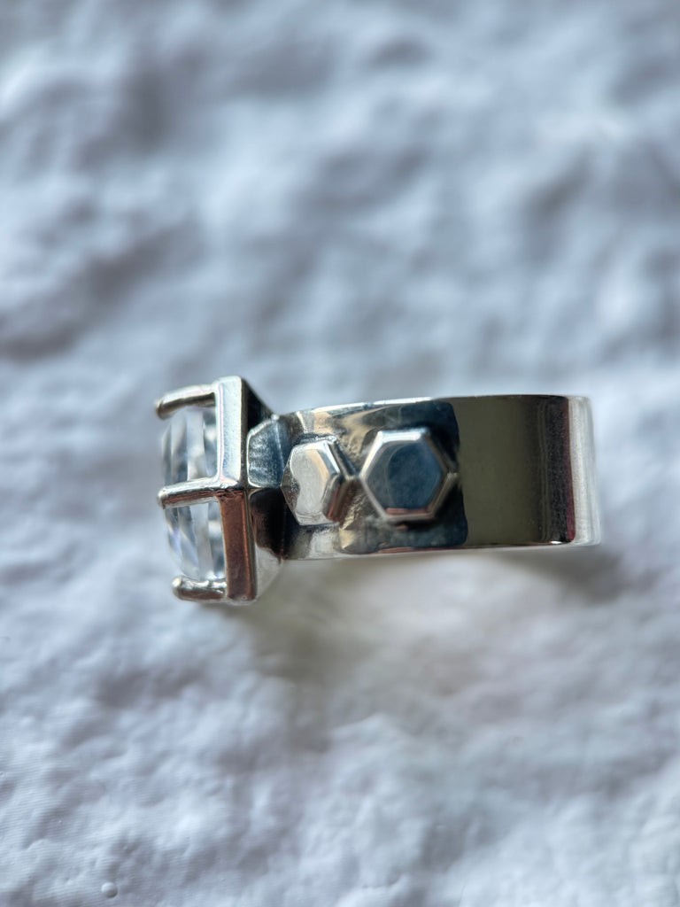 Hexagon Flake Engraved White Crystal Ring