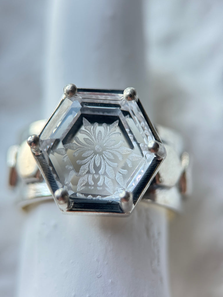 Hexagon Flake Engraved White Crystal Ring