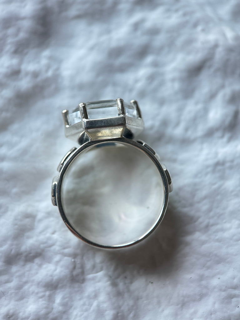 Hexagon Flake Engraved White Crystal Ring