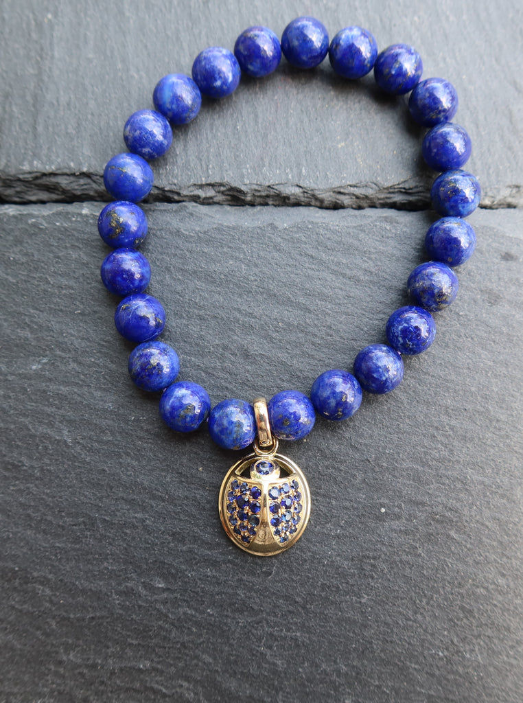 18K Gold Beetle Lapis Bracelet with Blue Sapphires