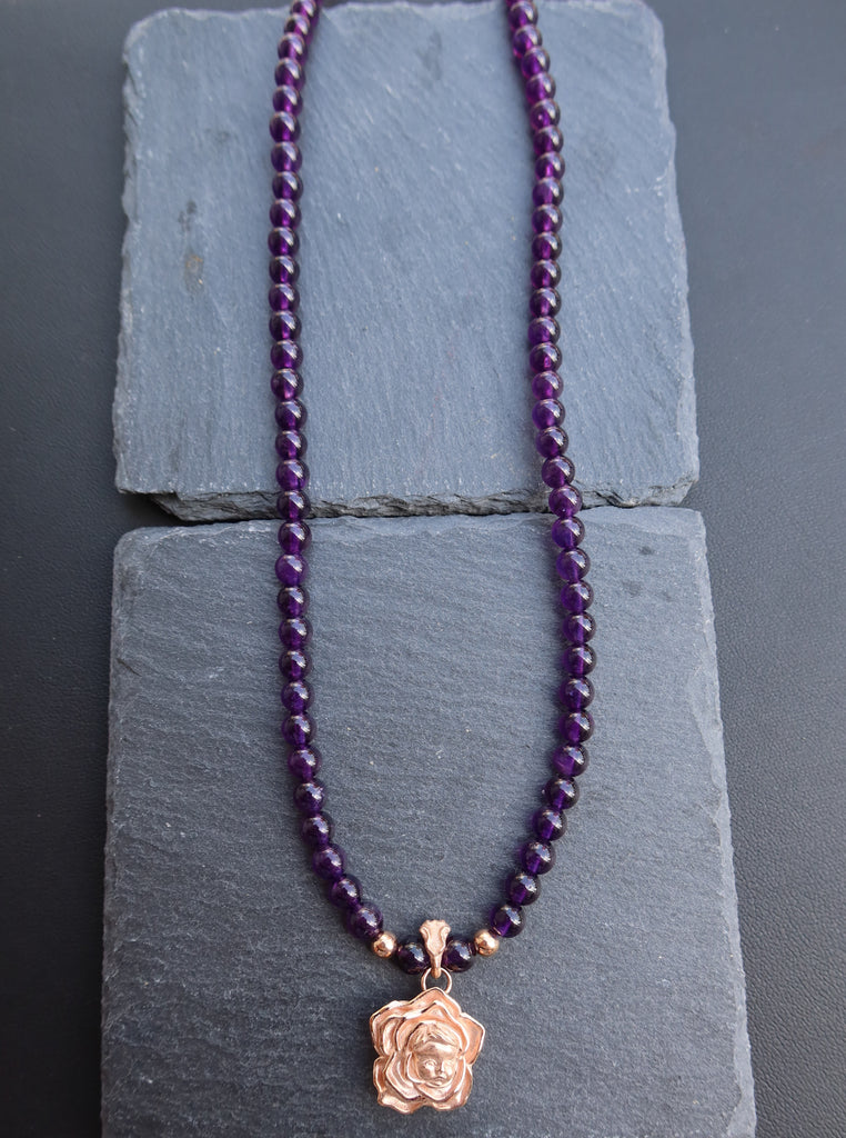 18K Gold Flower Baby with Amethyst Beads Necklace