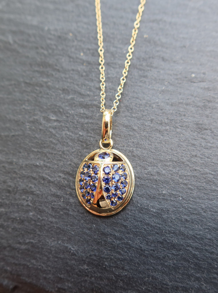 18K Yellow Gold Beetle Pendant with Blue Sapphires