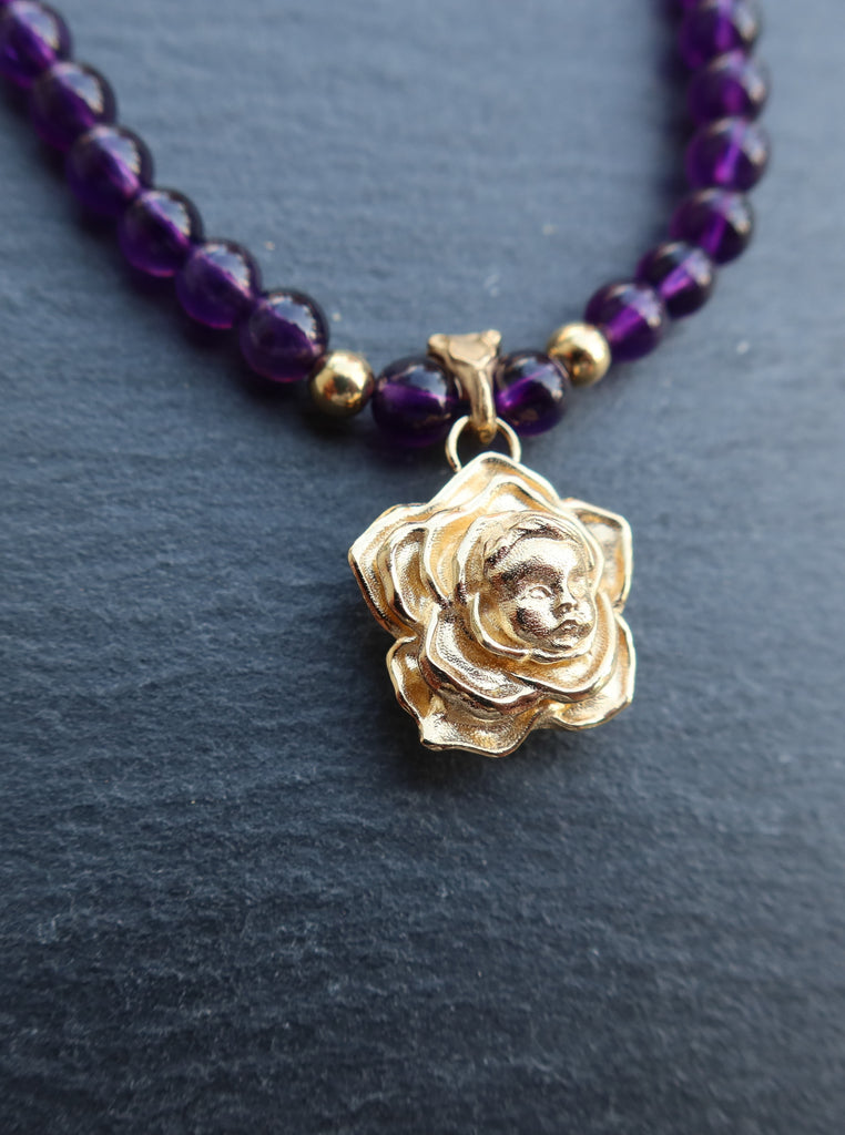 18K Gold Flower Baby with Amethyst Beads Necklace