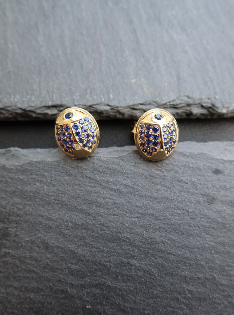 18K Yellow Gold Beetle Earrings with Blue Sapphires