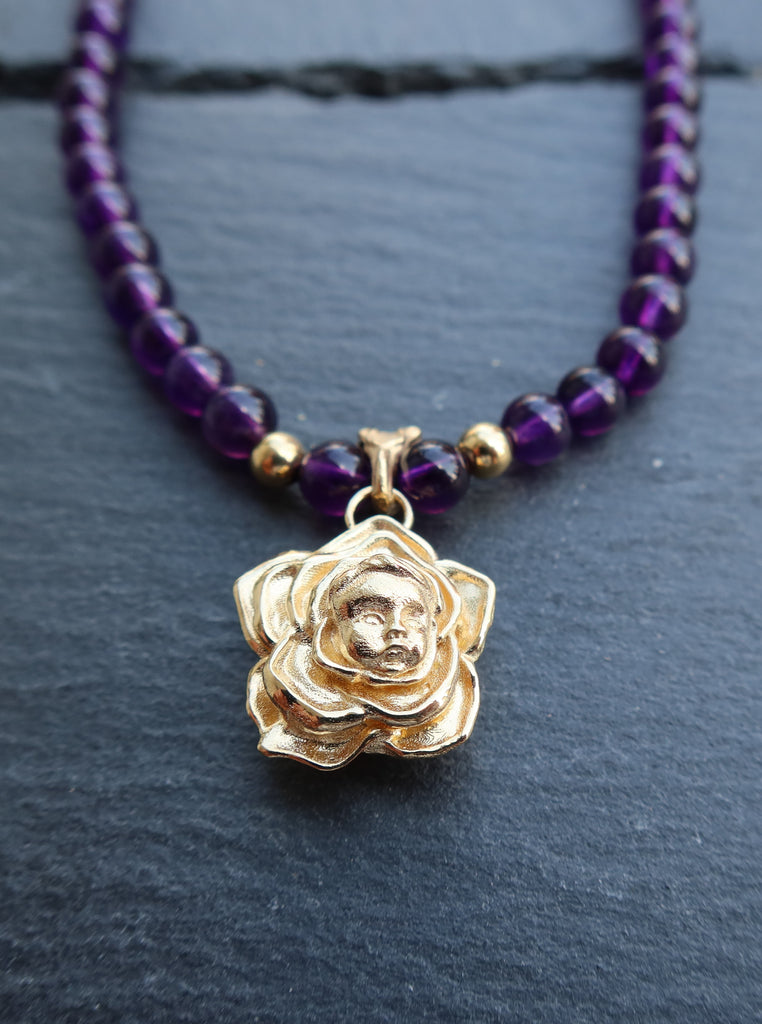 18K Gold Flower Baby with Amethyst Beads Necklace