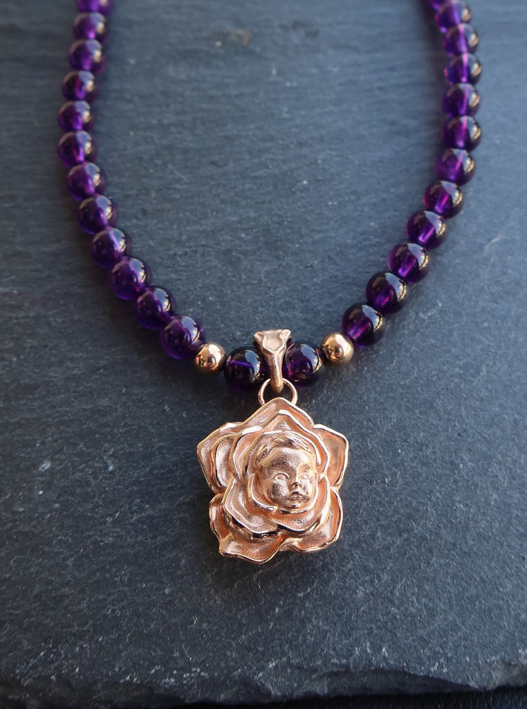 18K Gold Flower Baby with Amethyst Beads Necklace