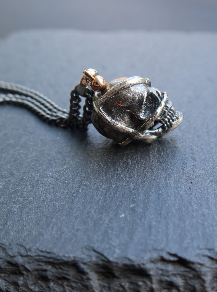 925 Silver Mummy Skull Pendant with 18k Rose Gold bead and Silver Chain