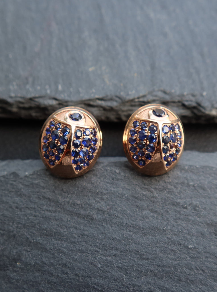 18K Yellow Gold Beetle Earrings with Blue Sapphires