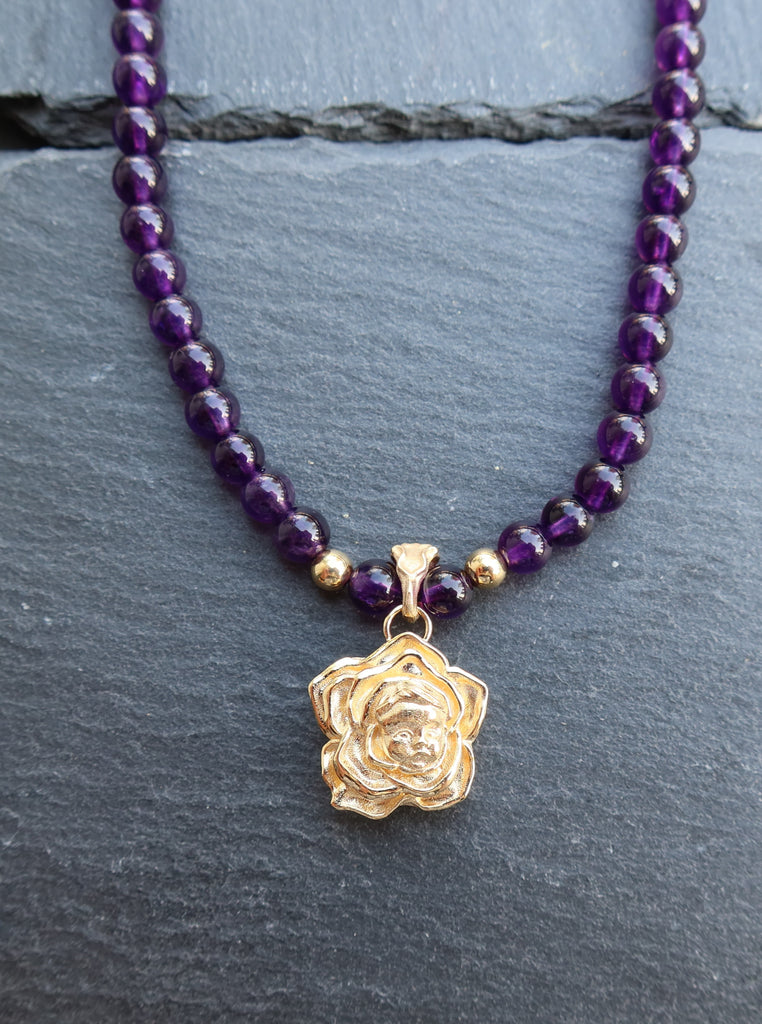 18K Gold Flower Baby with Amethyst Beads Necklace