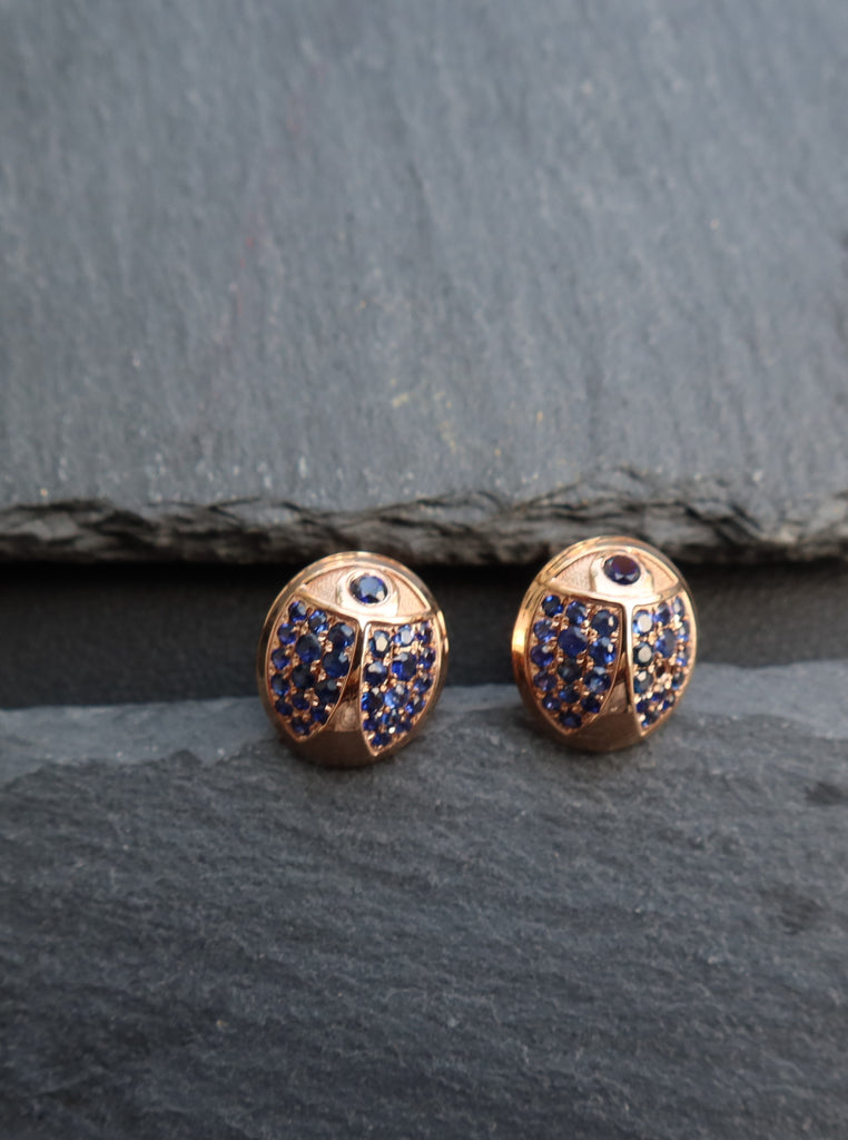 18K Yellow Gold Beetle Earrings with Blue Sapphires