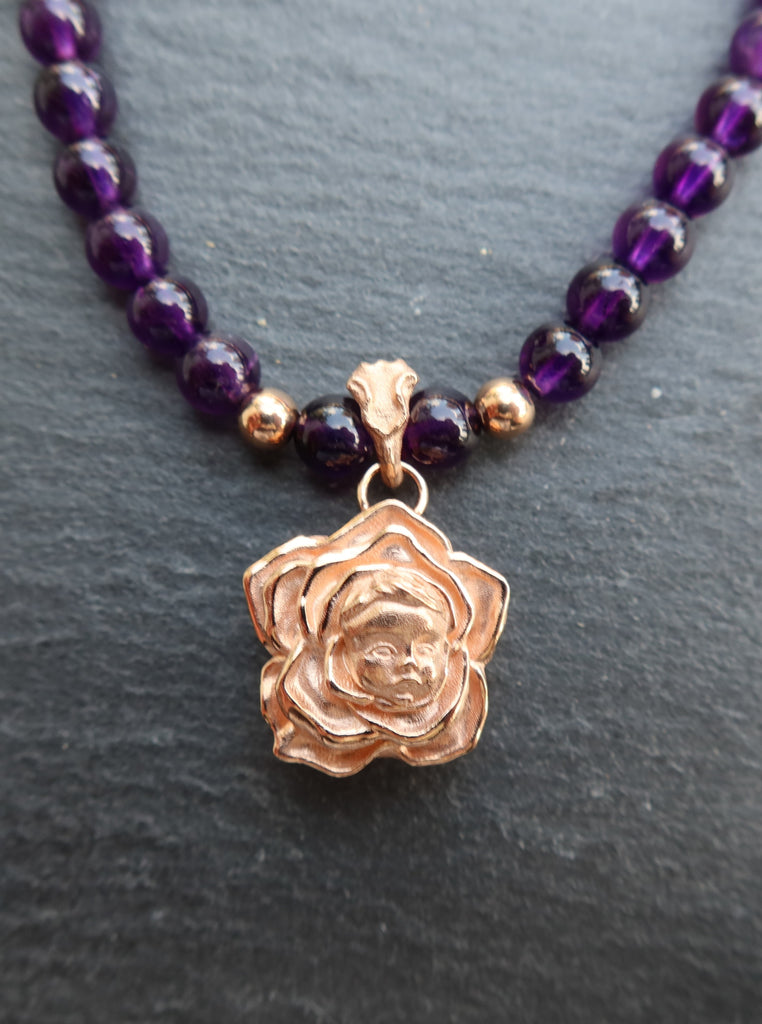 18K Gold Flower Baby with Amethyst Beads Necklace